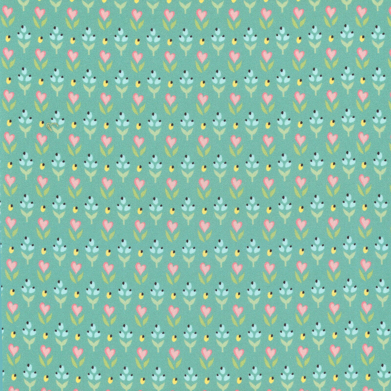 fabric featuring teal and yellow buds with pink flowers shaped like pink hearts on a lovely aqua background.