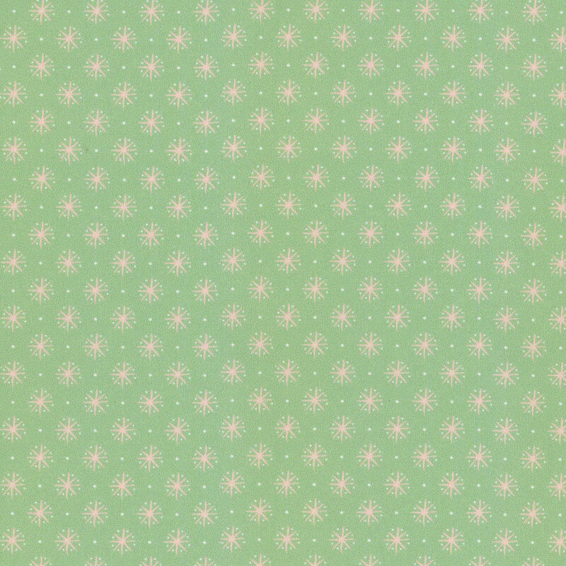 fabric featuring light pink stars with small white dots on a solid lovely pine green background.