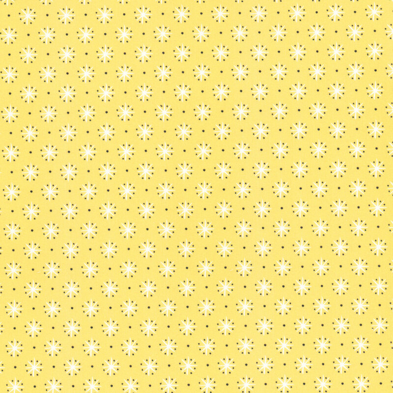 fabric featuring bright white stars with small black dots on a solid lovely bright yellow background.