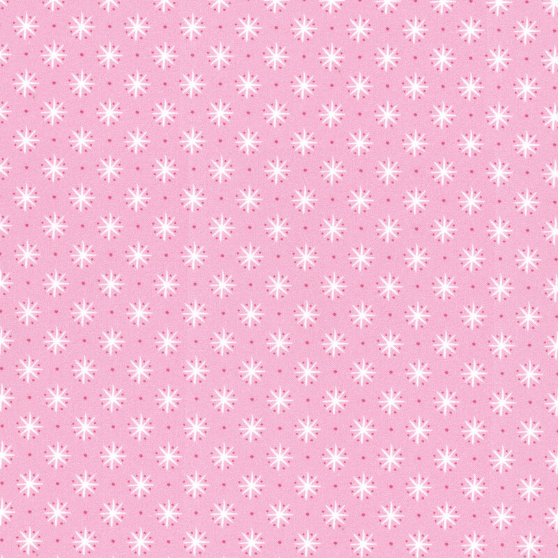fabric featuring bright white stars with small darker pink dots on a solid light pink background.