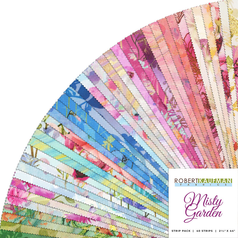 collage of all fabrics included in Misty Garden Jelly Roll