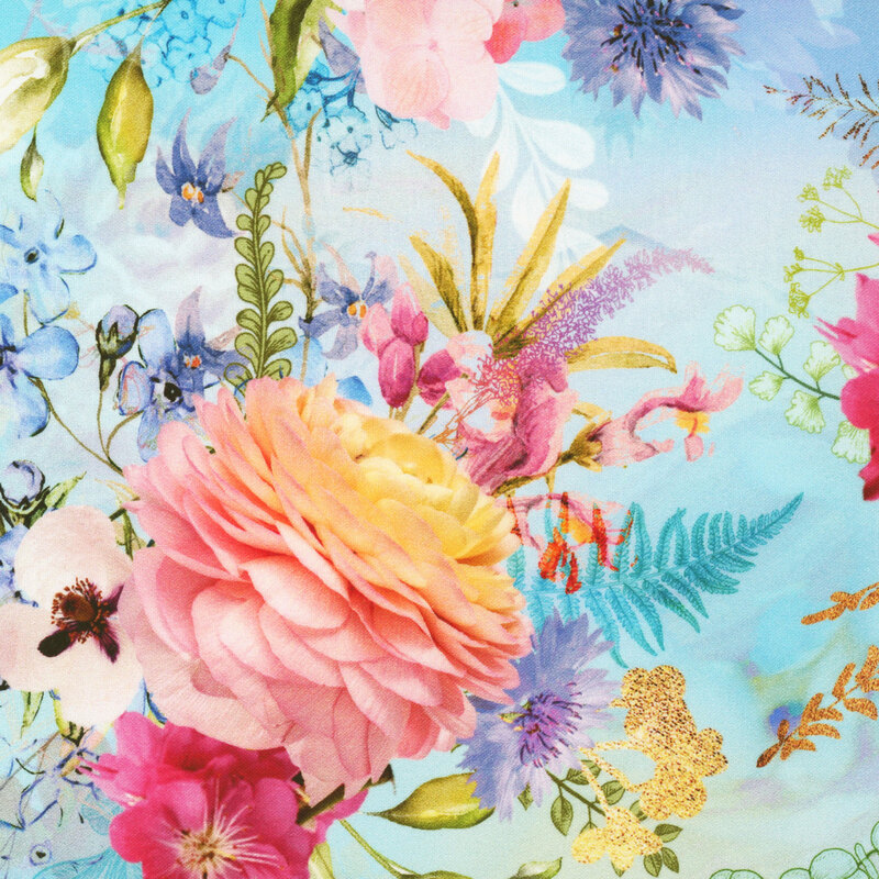 Fabric swatch with bold and bright multicolor floral bunches on a mottled bright aqua blue background.
