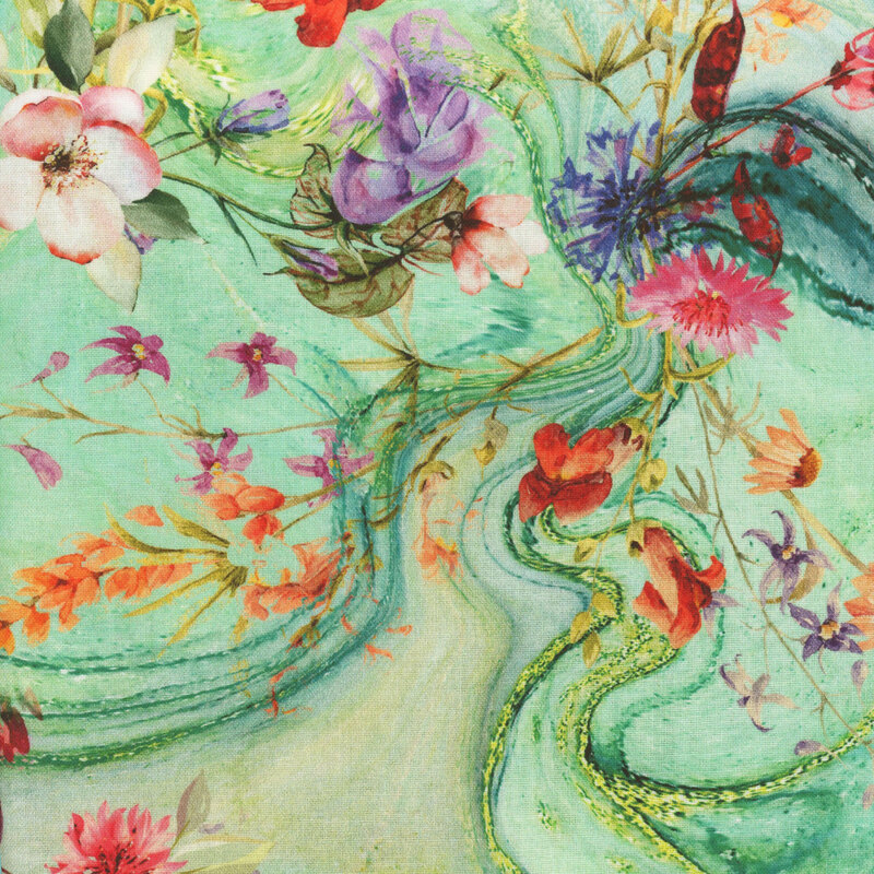 fabric featuring various types of hot pink, purple and orange blooming flowers on a marbled emerald green background.