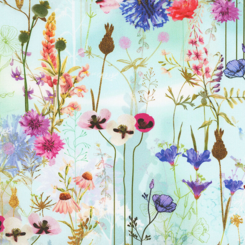 fabric featuring a wide variety of bright blooming flowers in various colors on a mottled light aqua blue background.
