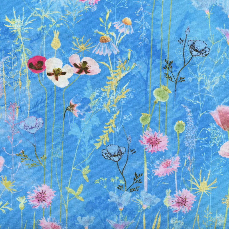 fabric featuring a wide variety of bright blooming flowers in various colors on a bright, bold blue background.