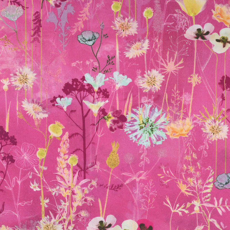fabric featuring a wide variety of bright blooming flowers in various colors on a bright, rich magenta pink background.