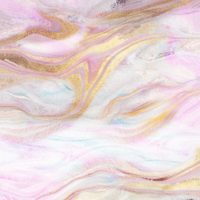 fabric featuring light purple, white, aqua and yellow marble swirls in a flowing design.