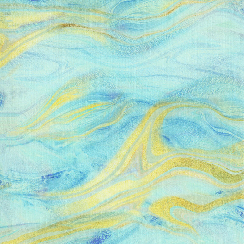 fabric featuring aqua, blue and yellow marble swirls in a flowing design.