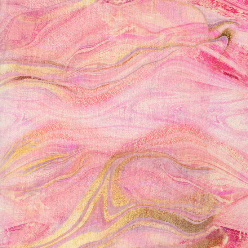 fabric featuring pink, light purple and golden yellow marble swirls in a flowing design.