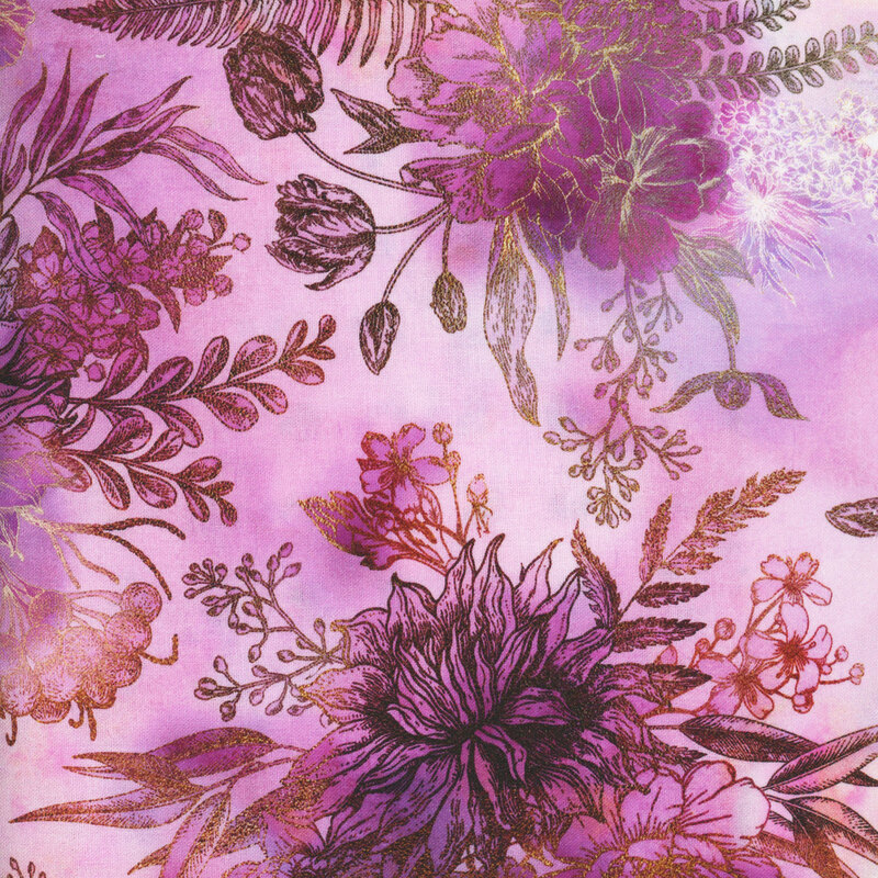 fabric featuring flowers, dahlias and leafy foliage in gold and brown on a mottled purple background.