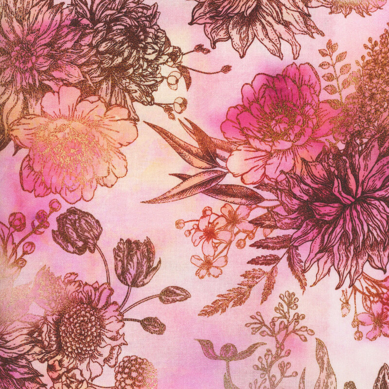 fabric featuring flowers, dahlias and leafy foliage in gold and brown on a mottled pink background.