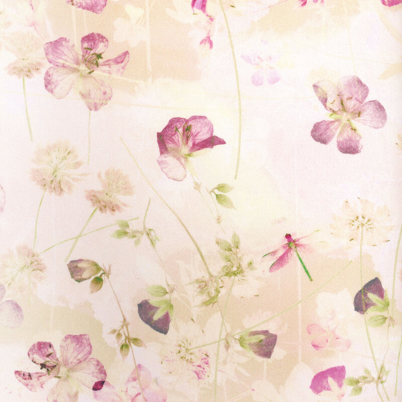 fabric with tossed magenta flowers and flower stems on a cream and very light blush background.