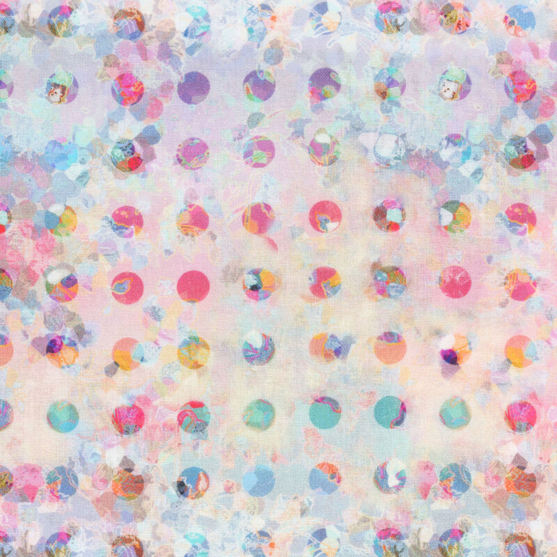 fabric featuring a kaleidoscope pattern of pink, purple, aqua and yellow dots on a iridescent multicolor white