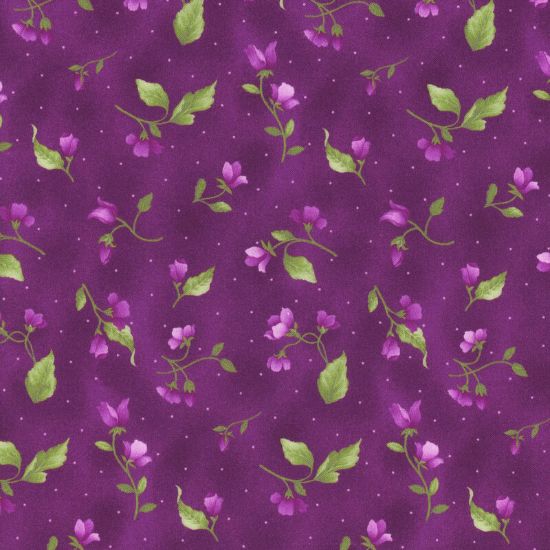 Fabric with tossed purple flower buds and pin dots on a dark purple mottled background.