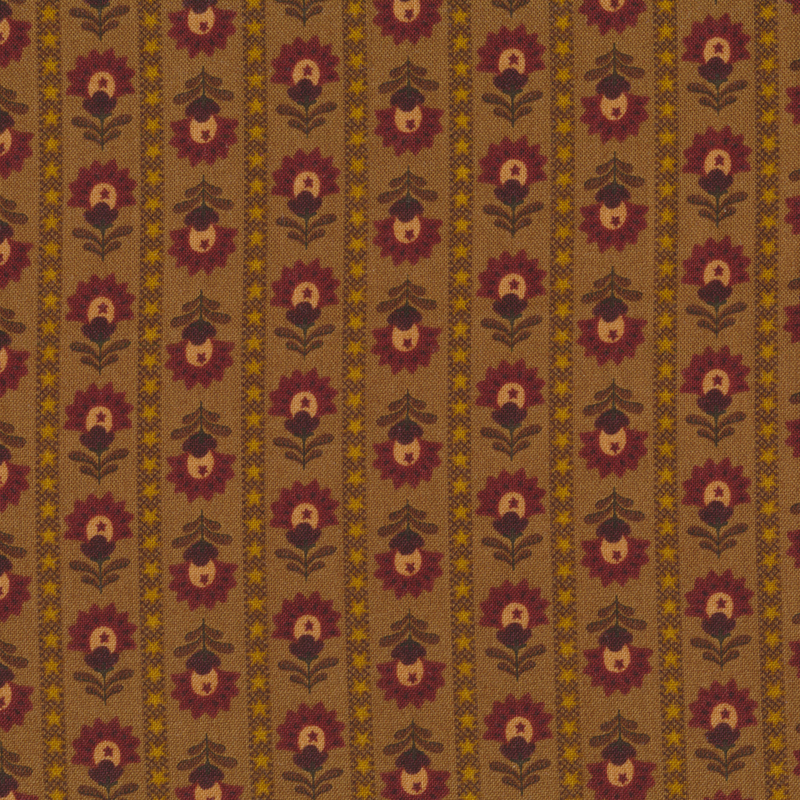 Medium brown sewing fabric with alternating rows of red flowers between dark brown stripes with little gold stars