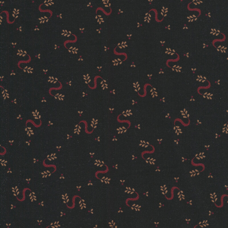 Fabric with red serpentine swirls and brown sprigs tossed on a black background