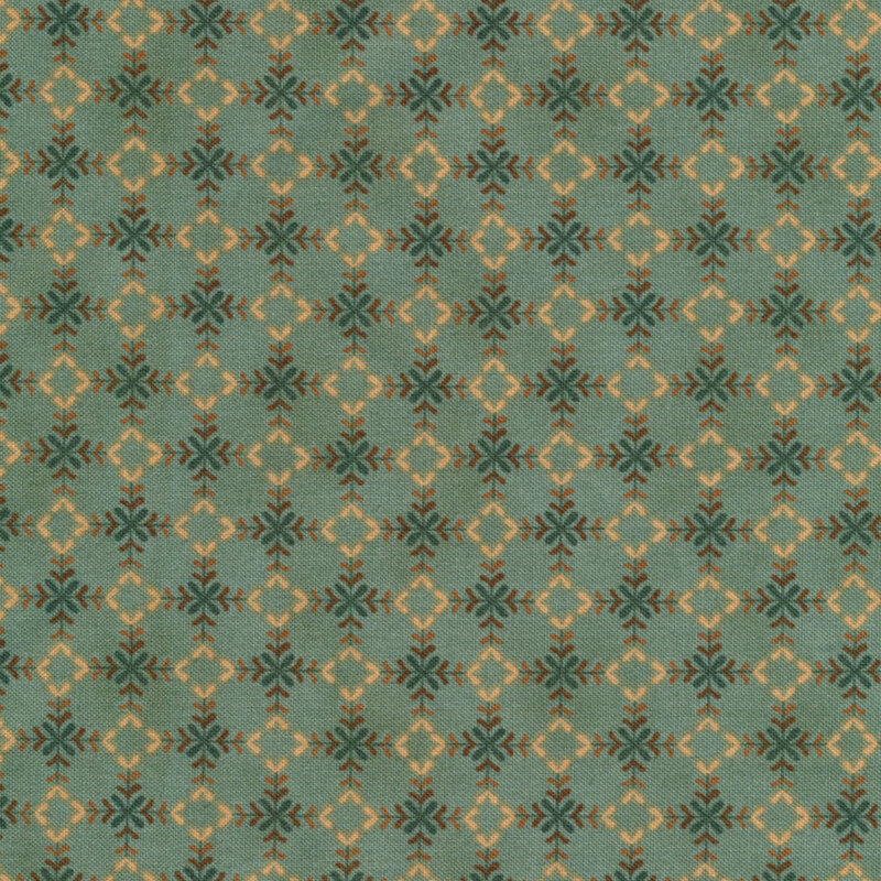 Fabric with light tan diamonds and dark sprigs against an aqua background