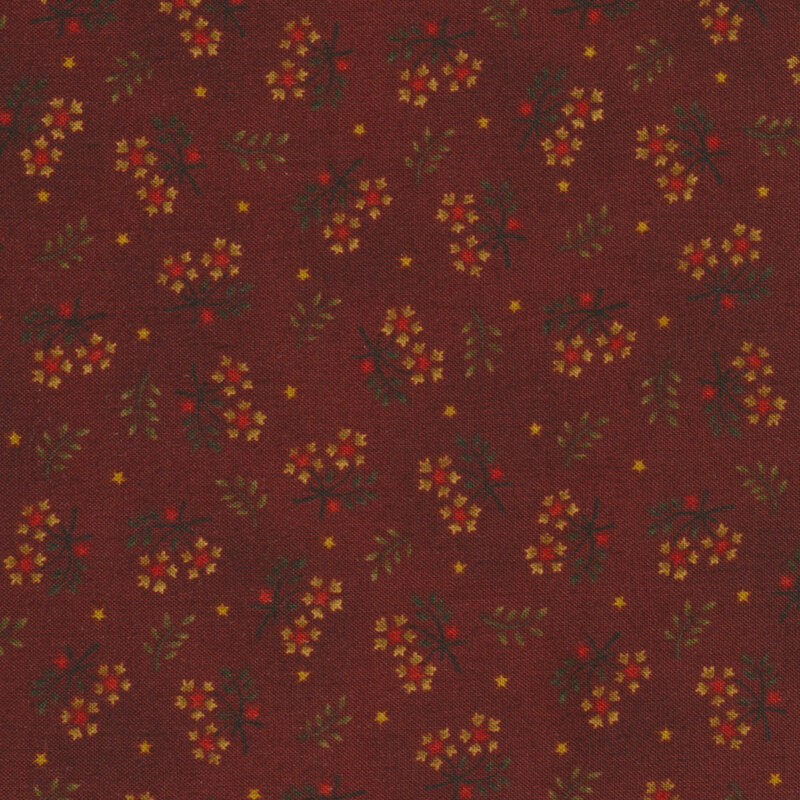 Dark red fabric with tossed floral bunches all over