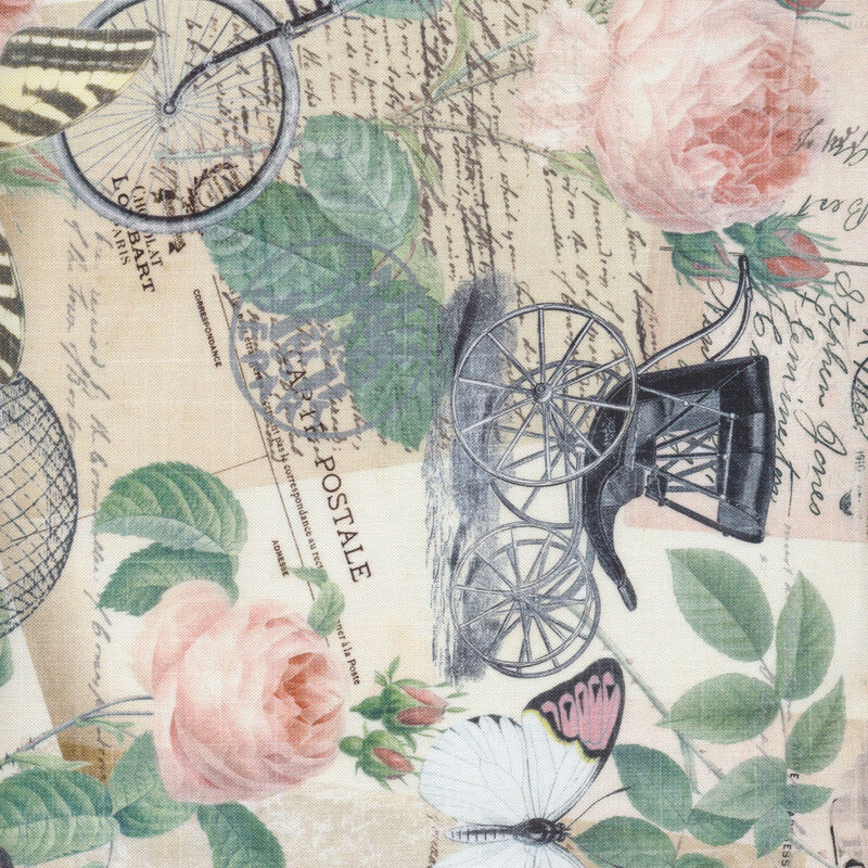 fabric featuring roses, butterflies, lettering and other antique motifs on a cream layered paper background.