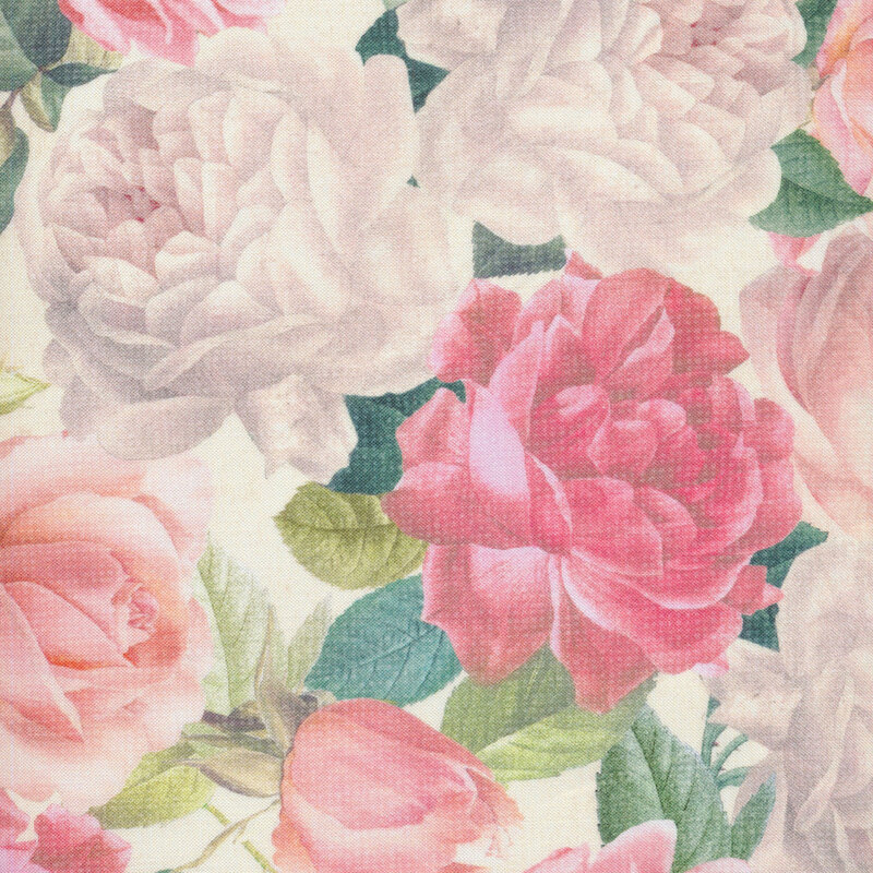 fabric featuring full, beautiful pink roses on a solid cream background.