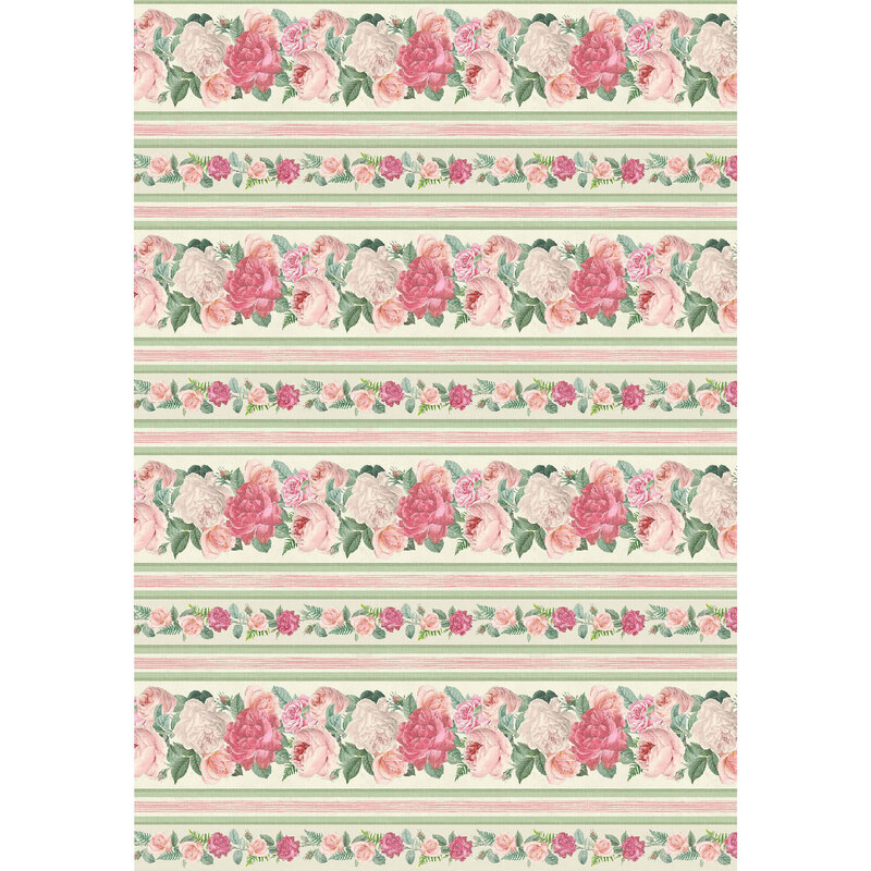 fabric featuring pink, rose and cream roses with green and pink striped border print on a solid cream background.