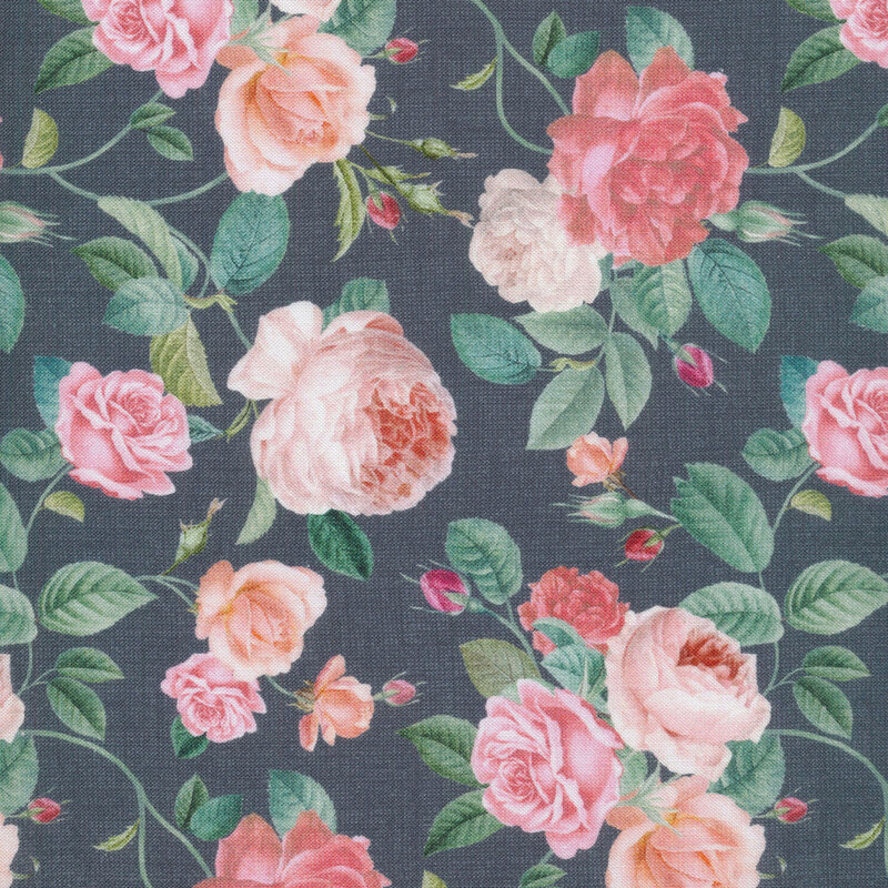 This fabric features peach and pink rose vines with faded green leaves and buds on a woven gray background.