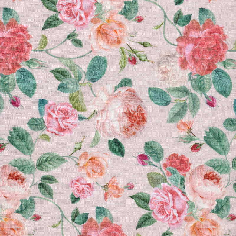 fabric featuring peach and pink rose vines with faded green leaves and buds on a woven light pink background.