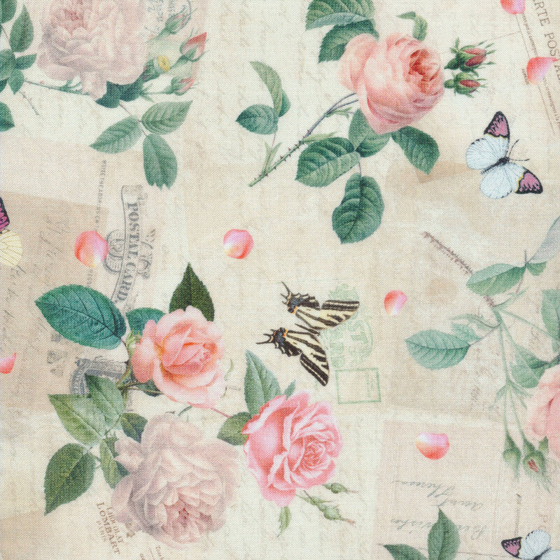 fabric featuring tossed blush roses, petals and butterflies on a background of antique cream postcards and letters.
