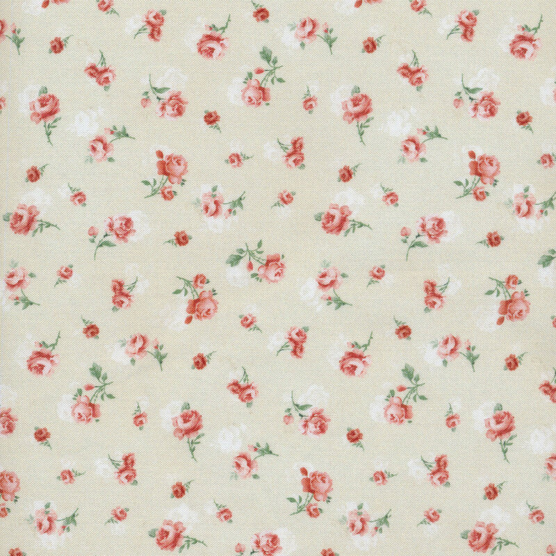 Fabric featuring ditsy tossed pink roses on a mottled cream and white background.