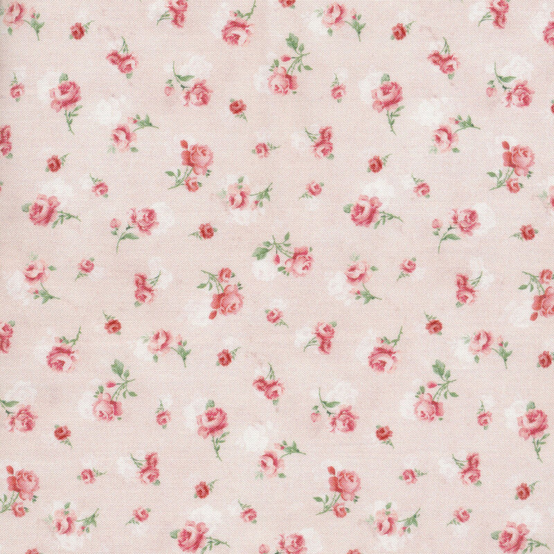 Fabric featuring ditsy tossed pink roses on a mottled pink and white background.