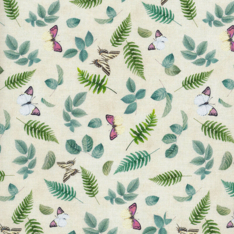 fabric featuring tossed leaf variations with delicate butterflies on a cream, woven textured background.