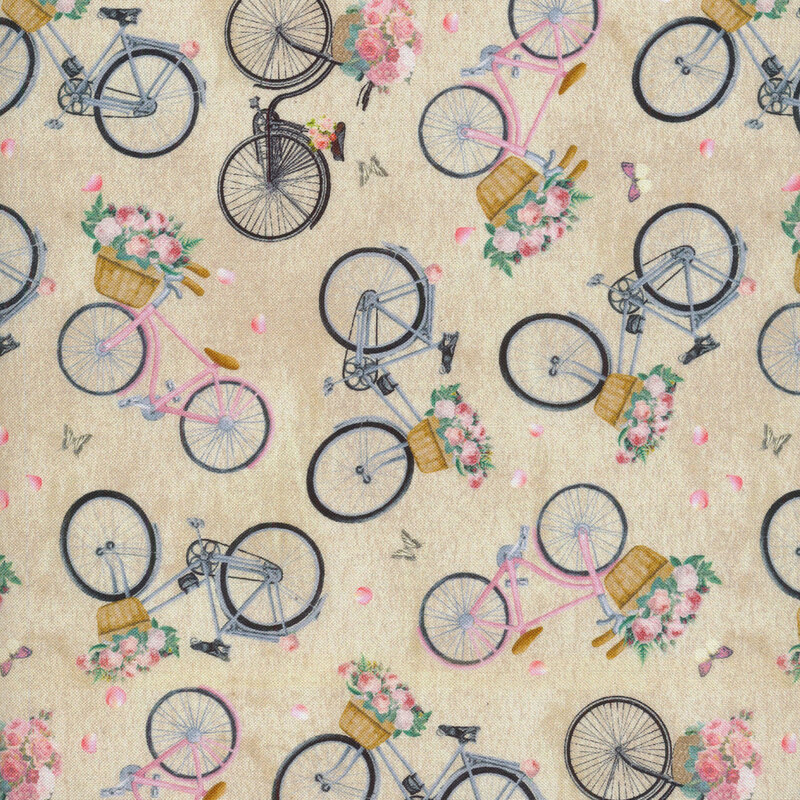 fabric featuring antique bicycles with baskets full of roses on a textured tan background.