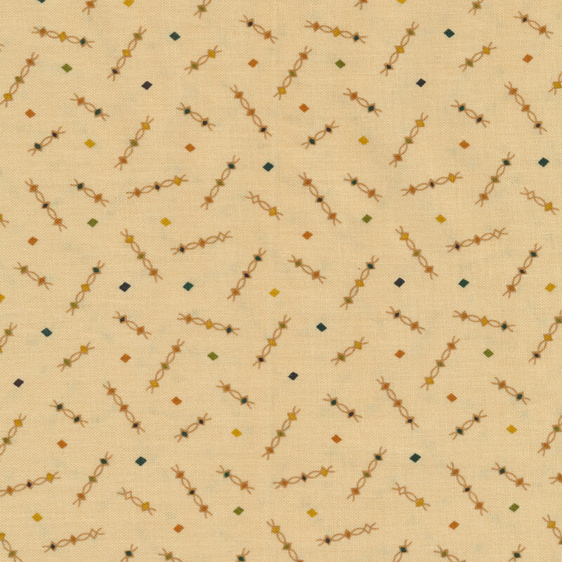Creamy tan fabric with colorful diamonds and squiggles all over