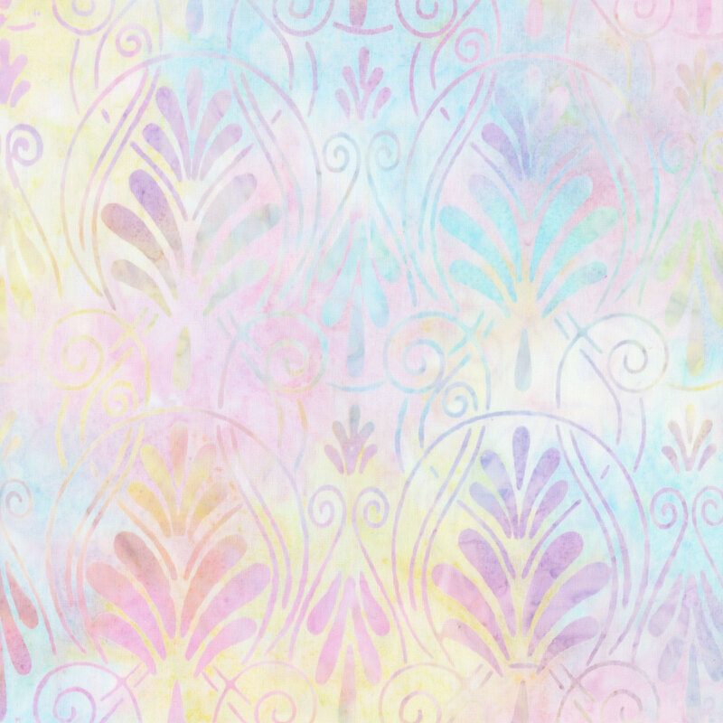 fabric featuring damask motifs of swirls and scrolls with mottled pastel rainbow colors.