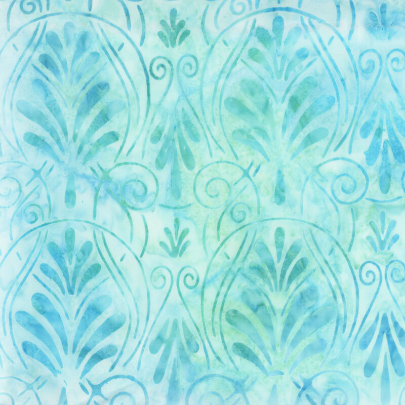 fabric featuring damask motifs of swirls and scrolls with a bright and fun mottled aqua color