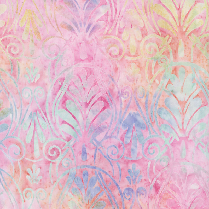 fabric featuring damask motifs of swirls and scrolls with a bright and fun pink mottled color.
