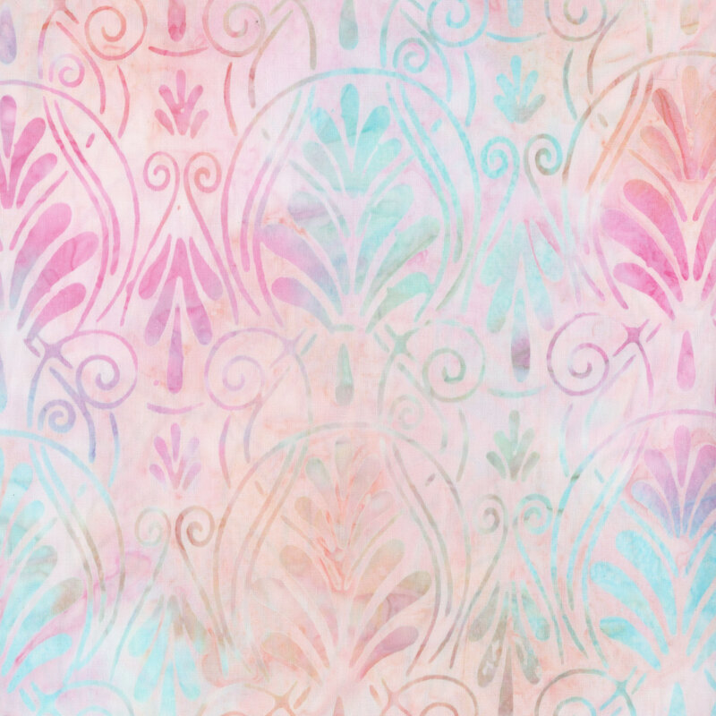 fabric featuring damask motifs of swirls and scrolls with a bright and fun light pink mottled color.