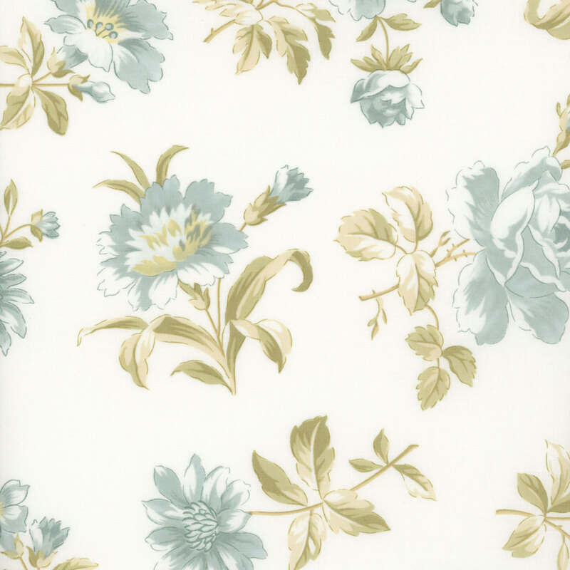stunning white fabric featuring scattered pale blue-grey flowers