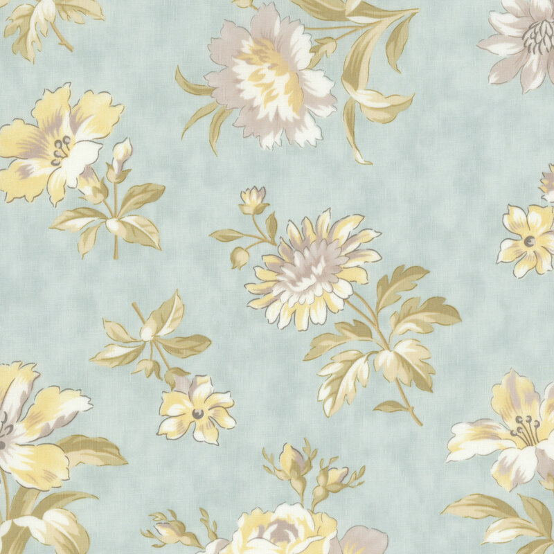blue grey fabric featuring various scattered light grey and pastel yellow flowers