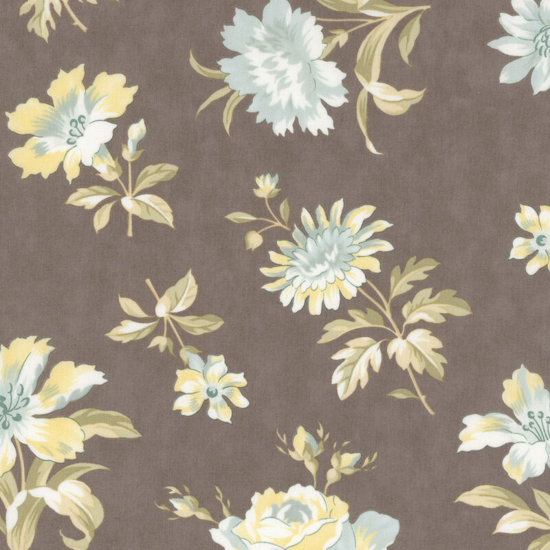 charcoal gray fabric featuring strewn pastel blue and yellow flowers