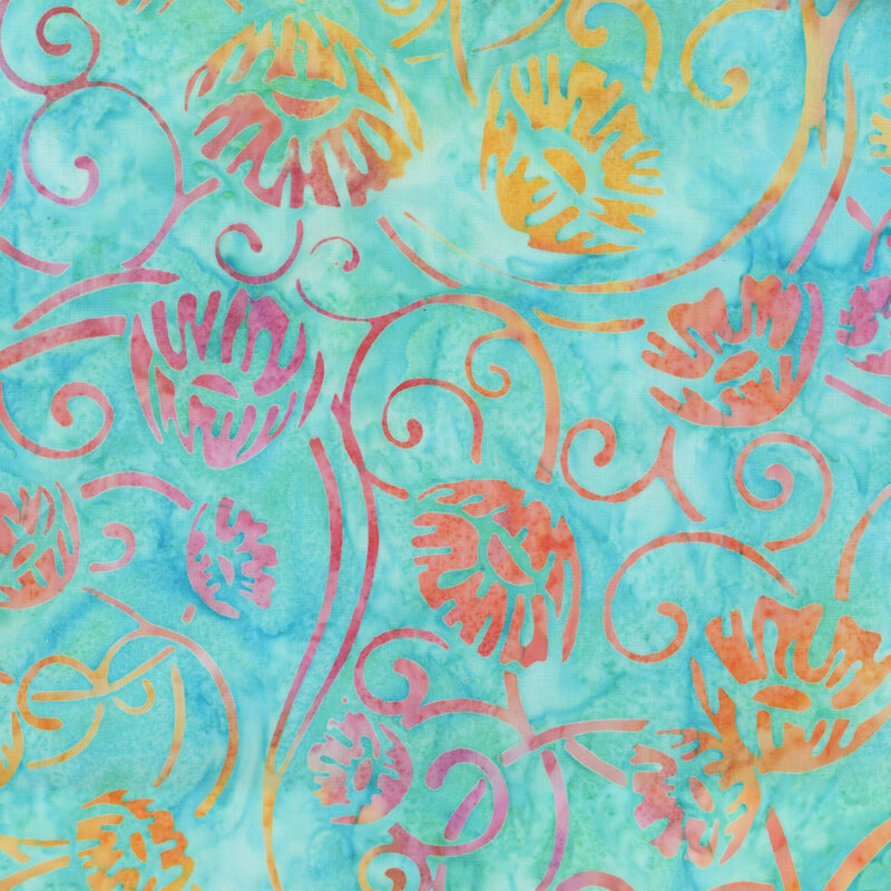 fabric featuring swirls of pink and yellow mottled vining flowers with a bright aqua background.