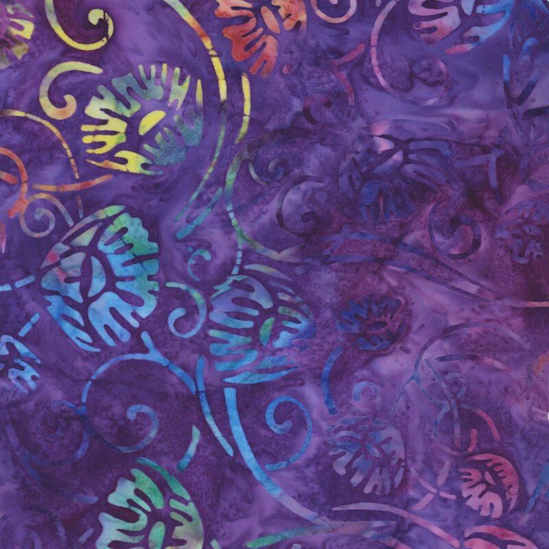 fabric featuring swirls of rainbow mottled vining flowers with a vibrant purple background