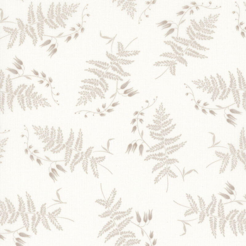 white fabric featuring warm gray ferns and foliage