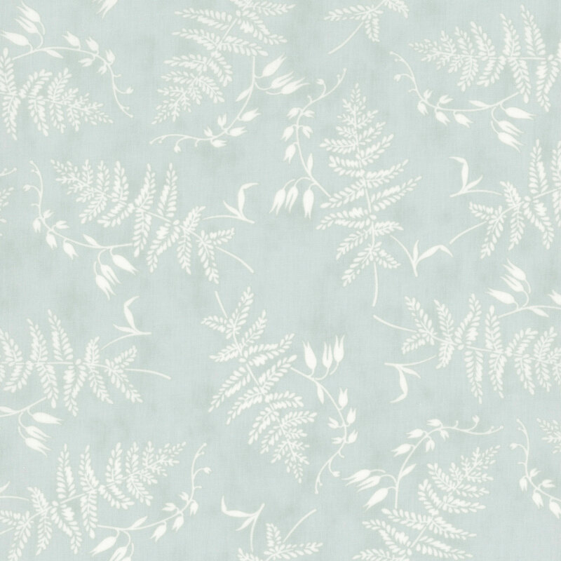 pastel blue fabric featuring scattered white ferns and foliage