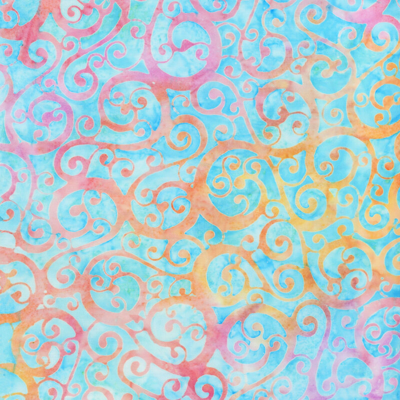 fabric featuring pink and orange swirls on a mottled vibrant aqua background.