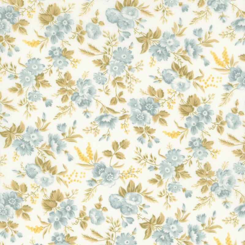white fabric features various strewn pastel blue and yellow flowers