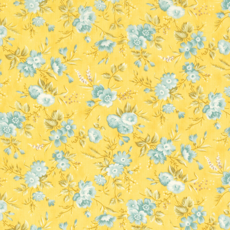 pastel yellow fabric featuring soft pastel blue flowers scattered about