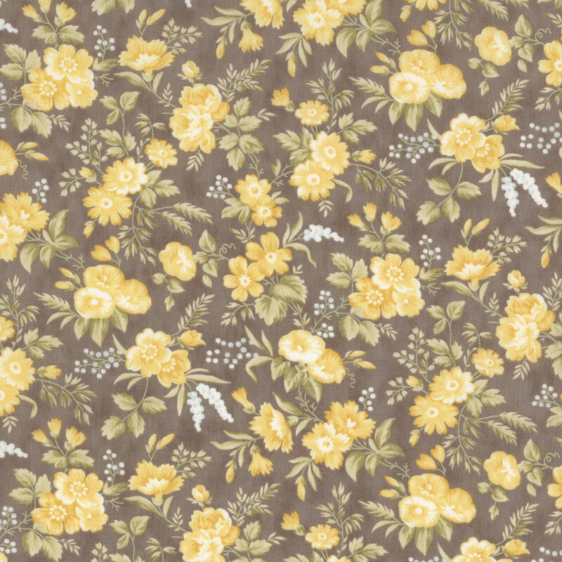 charcoal gray fabric featuring pastel yellow flowers with baby's breath and soft green stems