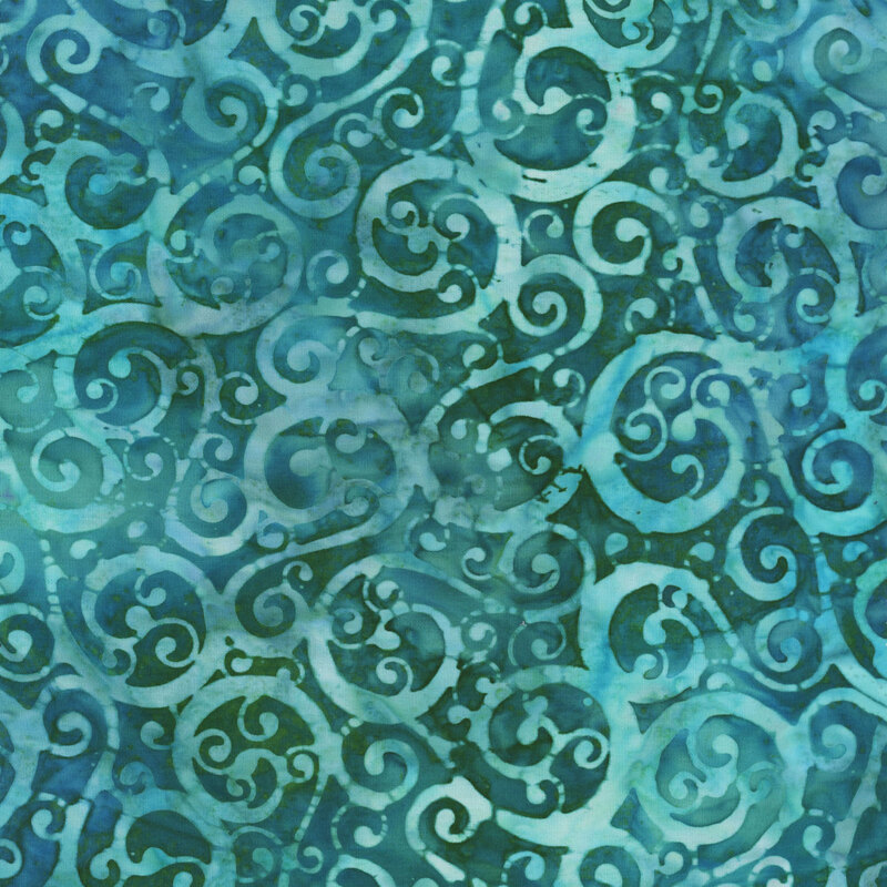 Fabric featuring light aqua blue swirls on a mottled darker aqua background.