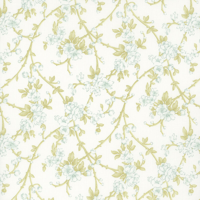 white fabric featuring soft green vines with pastel blue flowers